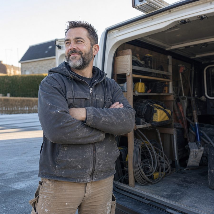 Travailleur autonome québécois devant sa camionnette