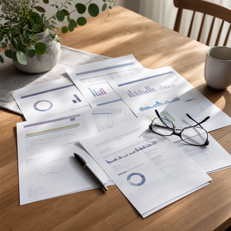Relevés de placement de plusieurs institutions étalés sur une table