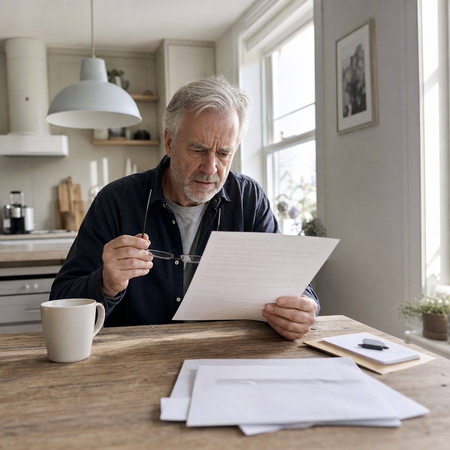 Homme lisant une lettre de son régime de retraite