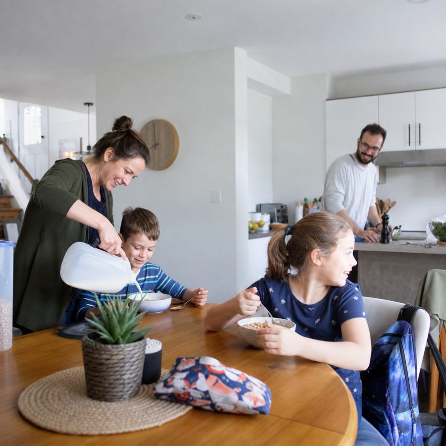 Jeune famille québécoise au déjeuner