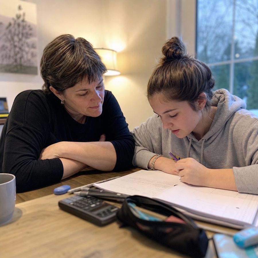 Parent seul aidant un adolescent aux devoirs